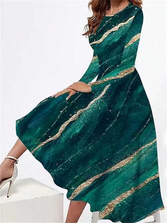 Women Elegant Round Neck Long Sleeve Modest Dress, New European And American Style, Suitable For Spring And Autumn