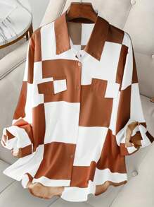 大码女式时尚撞色优雅衬衫 - 卡其色 - 查看 1