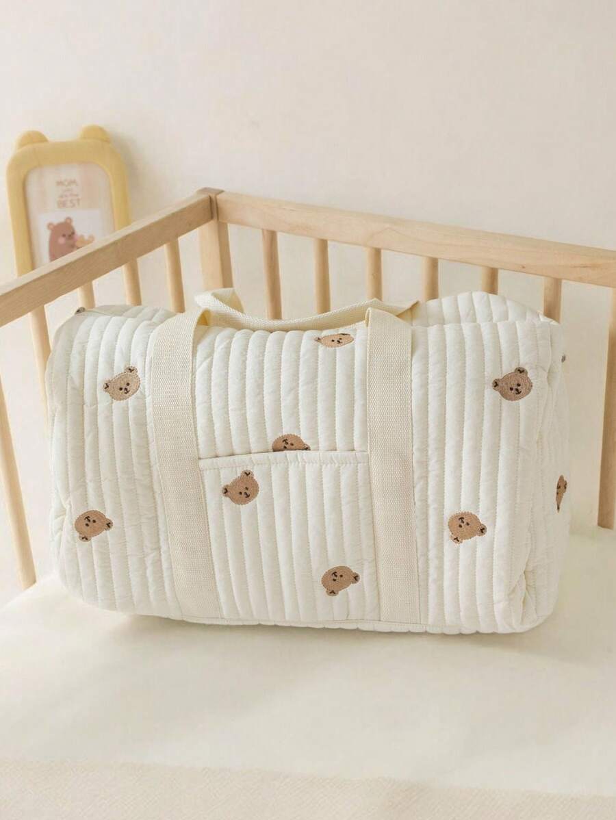 Large Capacity Bear Embroidery Diaper Bag, Lightweight And Portable Maternal And Child Storage Handbag