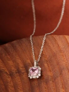 1件粉色方形钻石吊坠项链，奢华莫桑石项链配银链，适合作为母亲节礼物或日常佩戴。 - 銀色 - 查看 3