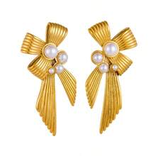 1 Cặp bông tai thả ngọc trai giả bằng thép không gỉ thời trang, quà tặng trang sức cho phụ nữ - bông tai nơ - Xem 5