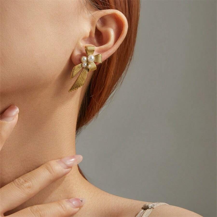 1 Cặp bông tai thả ngọc trai giả bằng thép không gỉ thời trang, quà tặng trang sức cho phụ nữ - bông tai nơ - Xem 1