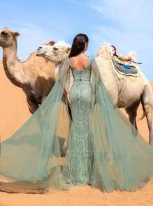 Faeriesty 华丽闪亮的亮片礼服，饰有亮片披肩袖，美人鱼廓形，拖地长裙，适合红毯活动、奢华婚礼、正式晚宴和艺术画廊开幕式。 - 綠色 - 查看 3