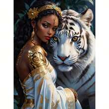 1pc 5D DIY Diamond Painting Kit, Round Acrylic Diamonds, Beautiful Lady And Tiger, Wall Art Decor - Bronze - View 1