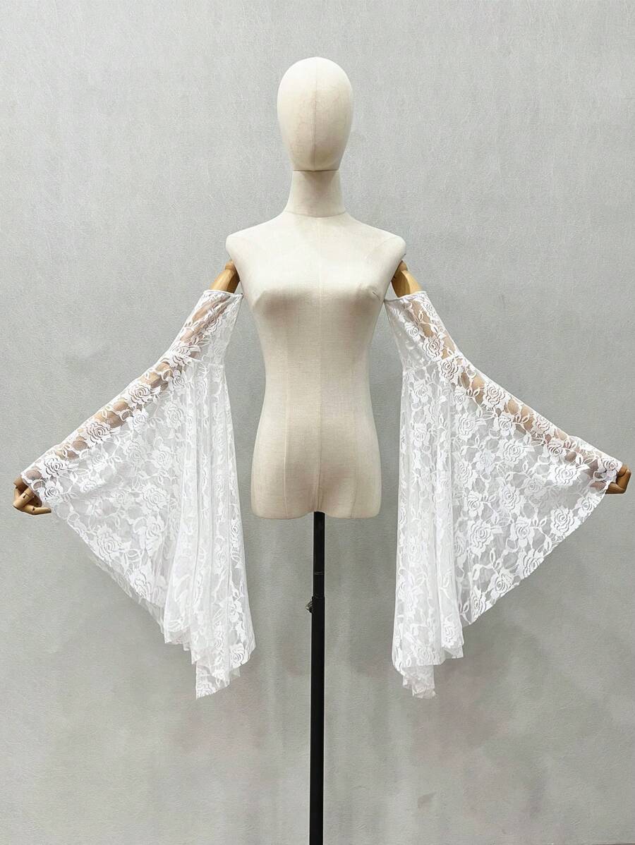 1件白色玫瑰蕾丝中长款可拆卸喇叭袖口新娘礼服 - 彩色 - 查看 1