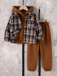 Young Boys 3pcs Set: Solid Color Hoodie, Solid Color Joggers, Plaid Jacket, Autumn Winter - Brown - View 1