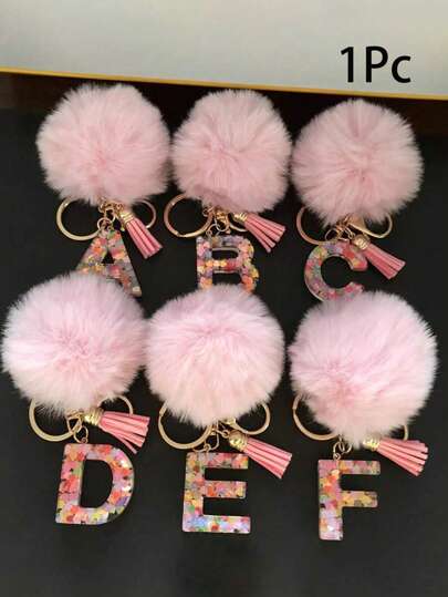 Winter Christmas Holiday Gift Home Decor - Pink Heart Letter Keychain With Soft Fluffy Pom Pom, Sweet Bag Charm For Women, A-Z 26 Letter Pendant