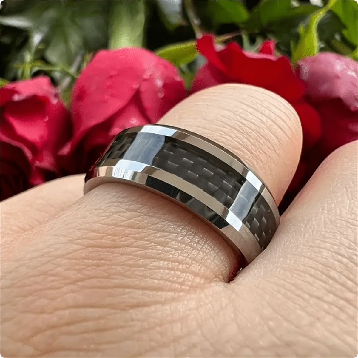 Classic Silvery 8mm Carbon Fiber Men's Ring - Sleek Black Inlay, Angled Polished Finish For Business & Wedding Parties - High-Quality Stainless Steel Jewelry, Sizes 6-13 - Ring - View 4