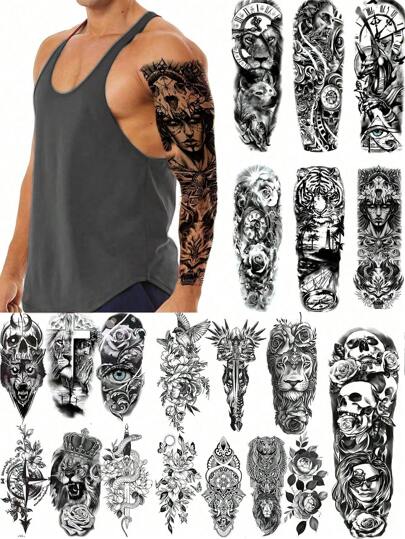 20 张特大号希腊神话黑色临时纹身贴纸，适用于成人男女，7 张全臂纹身贴纸毛利战士指南针狮子老虎头骨图案，13 张半臂狮虎狼花 3D 防水假纹身贴纸