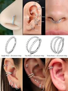 1 Piece/High-End 316L Stainless Steel With Zirconia 16G Nose Ring, Double Diaphragm Ring, Diaphragm Ring, Lip Ring, Diaphragm Stud Earrings, Conch Earrings, Diaphragm Cartilage Earrings, Diaphragm Ring, Diaphragm Ring Puncture Jewelry Gift