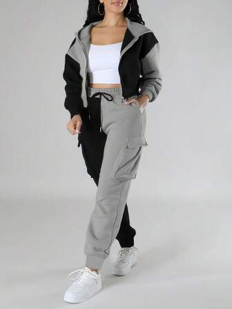 2pcs Women's Sporty Outfit: Colorblock Short Hoodie And Cargo Sweatpants Set, Thermal Lined For Fall/Winter