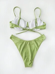 全新柔软衬垫钢圈波尔卡圆点可调节肩带系带后背比基尼上衣，女式性感沙滩泳装夏季