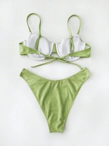 New Soft Padded Underwire Polka Dot Adjustable Strap Lace-Up Back Bikini Top For Women, Sexy Beach Swimwear Summer