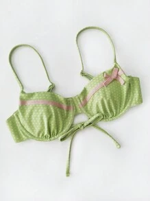 New Soft Padded Underwire Polka Dot Adjustable Strap Lace-Up Back Bikini Top For Women, Sexy Beach Swimwear Summer