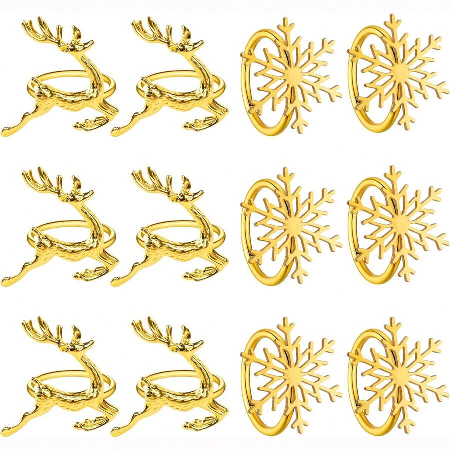 Vòng khăn ăn Giáng sinh màu vàng, Giá đựng khăn ăn hình tuần lộc và bông tuyết Giáng sinh, Dùng để trang trí bàn tiệc Lễ Tạ ơn, Tiệc Giáng sinh, Tiệc chiêu đãi hàng ngày - Vàng - Xem 1
