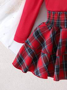Conjunto de 2 peças de blusa de gola alta minimalista e saia xadrez estilo bolo para meninas, outono/inverno fino