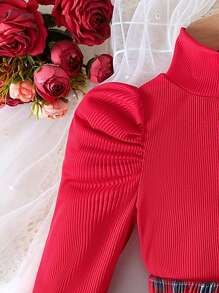 Conjunto de 2 peças de blusa de gola alta minimalista e saia xadrez estilo bolo para meninas, outono/inverno fino