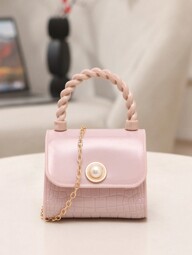 Faux Pearl Decor Mini Satchel, Crocodile Pattern Fashion Satchel For Lipstick, Coin & Key Holder