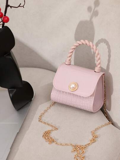Faux Pearl Decor Mini Satchel, Crocodile Pattern Fashion Satchel For Lipstick, Coin & Key Holder