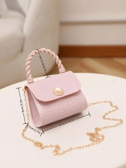 Faux Pearl Decor Mini Satchel, Crocodile Pattern Fashion Satchel For Lipstick, Coin & Key Holder