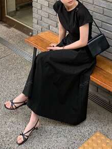 2025 Summer Women's Round Neck Tie Cinched Waist A-Line Midi Dress, Solid Color Short Sleeve
