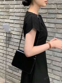 2025 Summer Women's Round Neck Tie Cinched Waist A-Line Midi Dress, Solid Color Short Sleeve