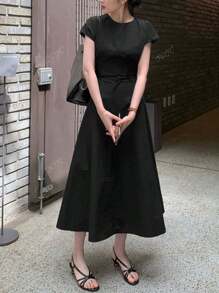 2025 Summer Women's Round Neck Tie Cinched Waist A-Line Midi Dress, Solid Color Short Sleeve