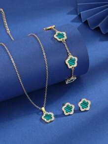 4 件/套，1 条项链 + 1 条手链 + 1 对耳环，优雅镀金 5 瓣花朵设计，镶嵌合成方晶锆石，法式奢华风格，适合日常佩戴和返校季礼物 - 綠色 - 查看 1
