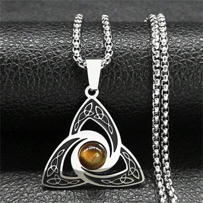 Irish Celtic Trinity Knot Power Necklace, Unisexes, Wiccan Wizard Knot Amulet Tiger Eye Stone Pendant, Men's And Women's Knot Decoration Halloween Dress Up Holiday Gifts