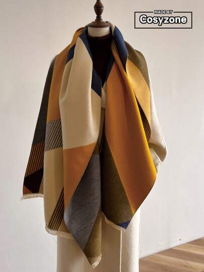 1条女士多色几何图案提花双面仿羊绒围巾/披肩，秋冬季保暖配饰