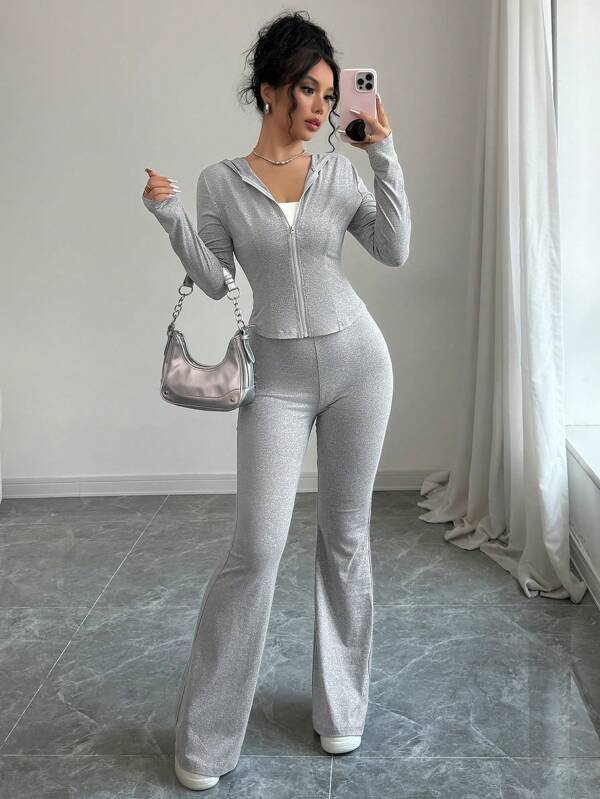 abyoxi Einfarbiges Kapuzen-Reißverschluss Langarm Sport-Oberteil und ausgestellte Hose Zweiteiler, 2 Stücke Set, modisch, schlicht, lässig, Outdoor, Straße, Sport, Alltag, Spicy Girl, Herbst/Winter Kleidung für Frauen