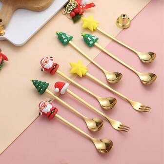 1 件不锈钢卡通圣诞老人勺子和叉子，创意圣诞装饰用具，咖啡搅拌勺和甜点水果叉，圣诞礼物，圣诞礼物