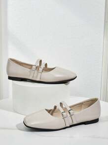 Fashion Women's Double Strap Buckle Flat Shoes, Versatile Breathable Casual Ballet Flats Slip-On Shoes