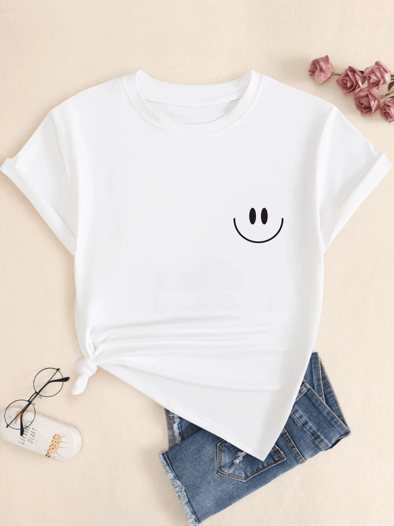 Smile Printed T-Shirt Cotton Shirt Casual Women's Blouse - 白色 - 查看 1