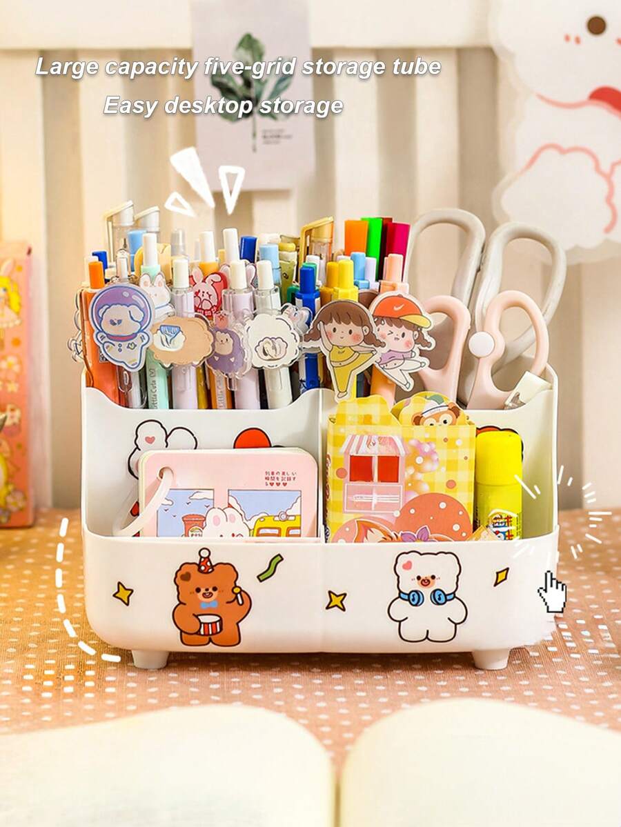 1pc Multi-Grid Cosmetic Storage Box, Plastic Cosmetic Box, Desktop Makeup Organizer, Vanity Accessories - Random Stickers Included - Multicolor - View 1