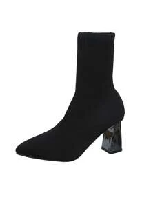 Damskie dzianinowe botki do połowy łydki na wysokim obcasie z szpiczastym noskiem, klasyczne damskie krótkie botki, nowe jesienno-zimowe botki na wysokim obcasie i grubym obcasie, buty na co dzień z gumką do biura, domu, na zewnątrz, na imprezę