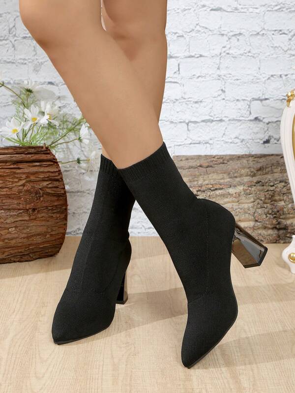 Botas femininas de cano médio em malha, bico fino, cano médio, clássicas, cano curto, salto alto, salto grosso, casual, elásticas, adequadas para escritório, casa, atividades ao ar livre, festas