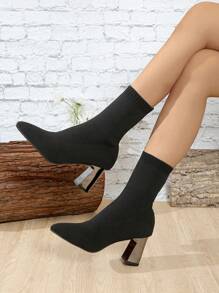 Damskie dzianinowe botki do połowy łydki na wysokim obcasie z szpiczastym noskiem, klasyczne damskie krótkie botki, nowe jesienno-zimowe botki na wysokim obcasie i grubym obcasie, buty na co dzień z gumką do biura, domu, na zewnątrz, na imprezę