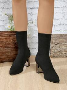 Damskie dzianinowe botki do połowy łydki na wysokim obcasie z szpiczastym noskiem, klasyczne damskie krótkie botki, nowe jesienno-zimowe botki na wysokim obcasie i grubym obcasie, buty na co dzień z gumką do biura, domu, na zewnątrz, na imprezę
