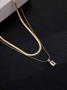 2pcs Stainless Steel Blade Shaped Pendant Necklace With Square Frame Copper Base And Sparkling Zirconia Stones, Double Layer, No Gift Box - Yellow Gold - View 4