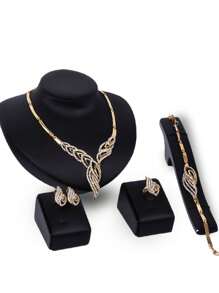 5pcs/Set Luxurious & Exaggerated Gold-Tone Rhinestone Studded Leaf Design Necklace, Earrings, Ring, Bracelet Set For Women's Wedding Party