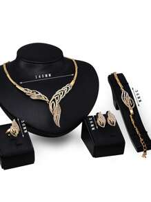 5pcs/Set Luxurious & Exaggerated Gold-Tone Rhinestone Studded Leaf Design Necklace, Earrings, Ring, Bracelet Set For Women's Wedding Party