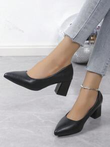 Women's Classic Solid Color Chunky Heel Pointed Toe Elegant High Heel Comfortable Office Formal Pumps Fashion Party Dress Shoes, Black - Black - View 6