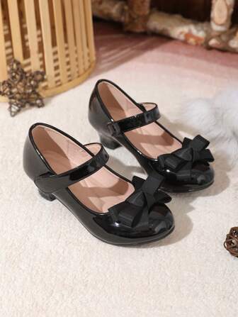 Girls' Fashion Mirror Surface High Heel Shoes, Three-Layer Woven Ribbon Cross Flower Decor, Suitable For Party & Performance