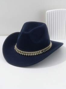 1pc Unisex Solid Color Felt Cowboy Hat, Paired With Gold Raindrop Teardrop Decoration Belt, Low-Key Luxurious British Style Retro Bohemian Punk Hat, Suitable For Parties, Western Themed Events, Gatherings, Engagement Parties, Cosplay, Graduation Ceremonies, Masquerade Balls, Festivals, Weddings, Birthdays, Music Festivals, Coming-Of-Age Ceremonies