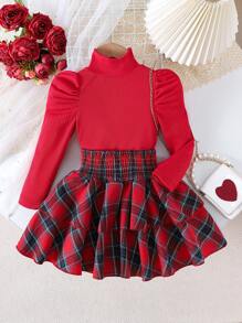 Conjunto de 2 peças de blusa de gola alta minimalista e saia xadrez estilo bolo para meninas, outono/inverno fino