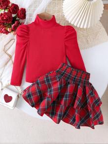 Conjunto de 2 peças de blusa de gola alta minimalista e saia xadrez estilo bolo para meninas, outono/inverno fino