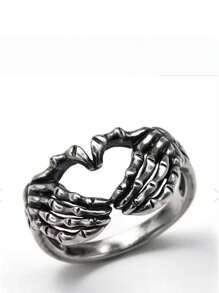 Anel vintage com cabeça de lobo, anel de dedo aberto personalizado com estampa de animal exagerado e feroz, estilo hip-hop | Anel vintage com gesto de coração retrô | Anel dominador com combinação de mão e caveira retrô