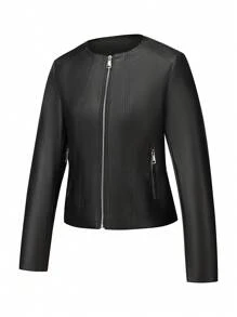 Áo khoác Moto ngắn có khóa kéo thường ngày dành cho nữ có túi, mùa thu/đông - màu đen - Xem 3