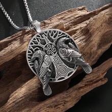 1 pieza Colgante de collar de hombre con diseño retro de mitología nórdica, árbol de la vida con dos cuervos, joyería casual y cool de estilo punk y hip hop como regalo